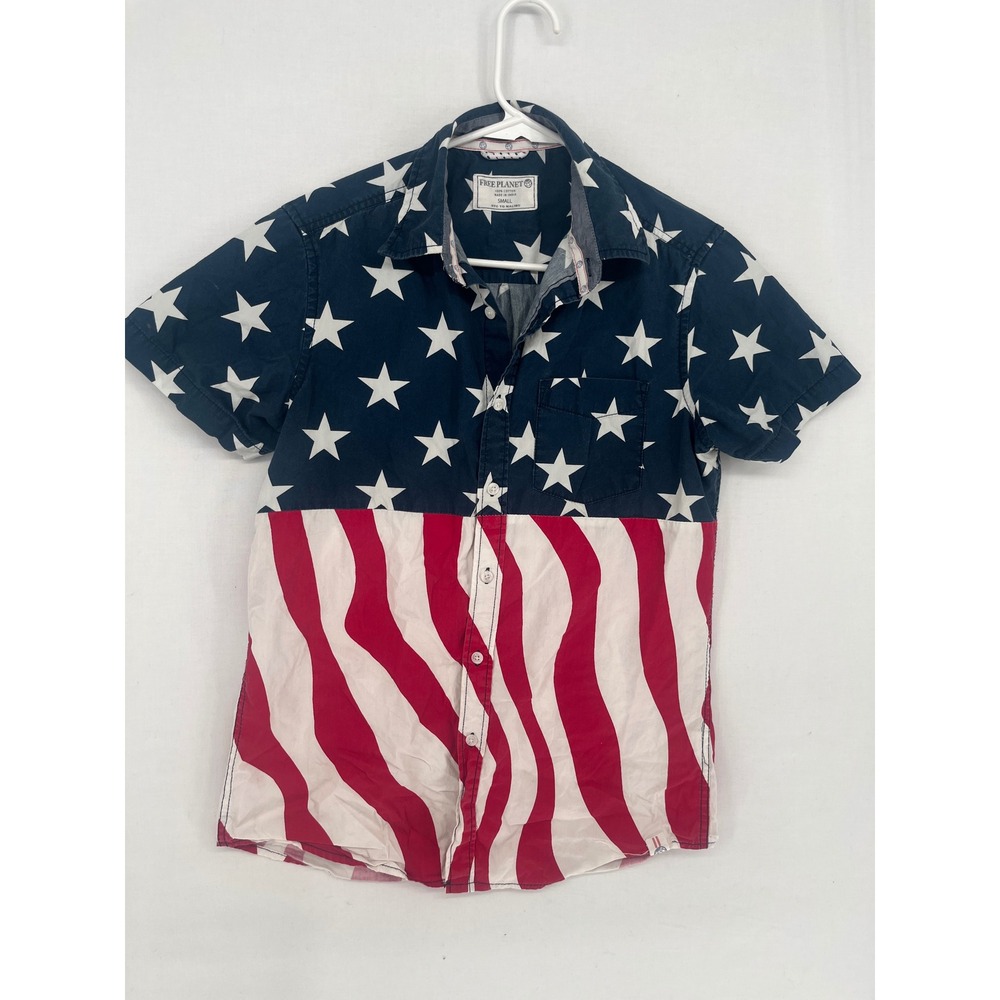 Free Planet American Flag Shirt Mens Small Stars Stripes Short Sleeve Cotton S